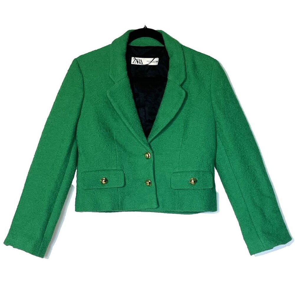 ZARA Green Textured Tweed Gold Button Cropped Jacket Blazer - Picture 2 of 12